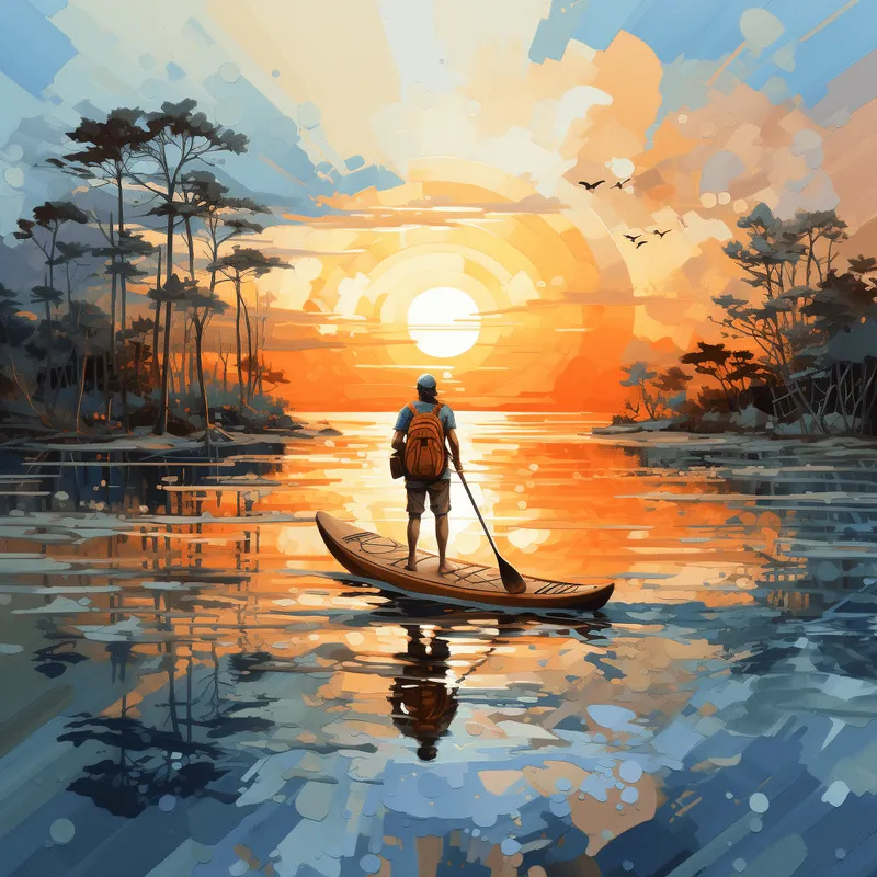 Homme sur un paddle gonflable face au coucher de soleil